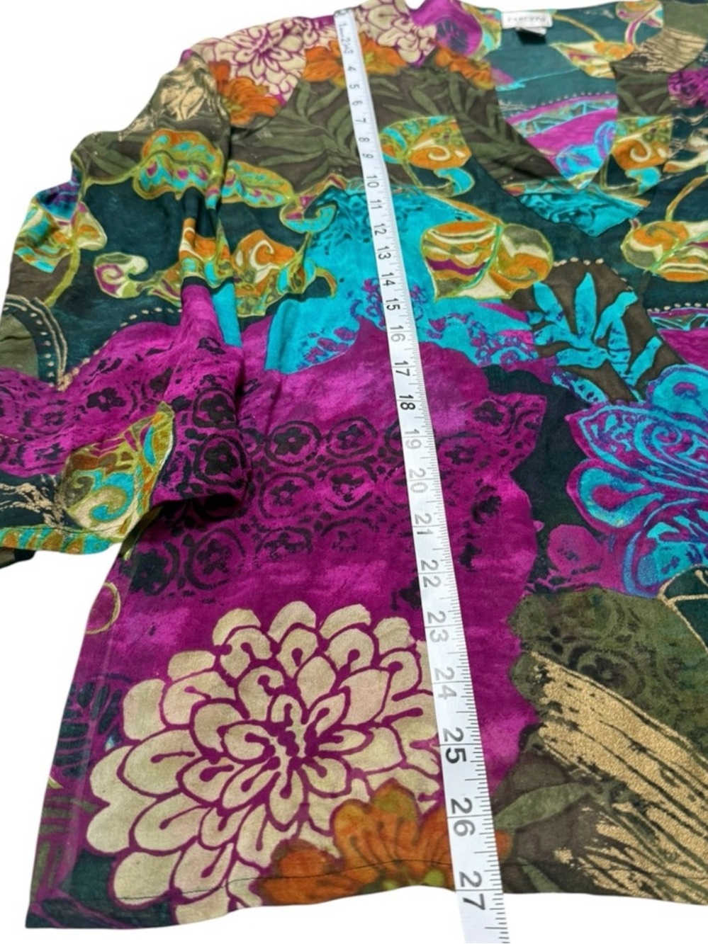 Chico’s 100% Silk Abstract Floral Tunic Top Semi Sheer Jewel Tone US 4 - Picture 13 of 15